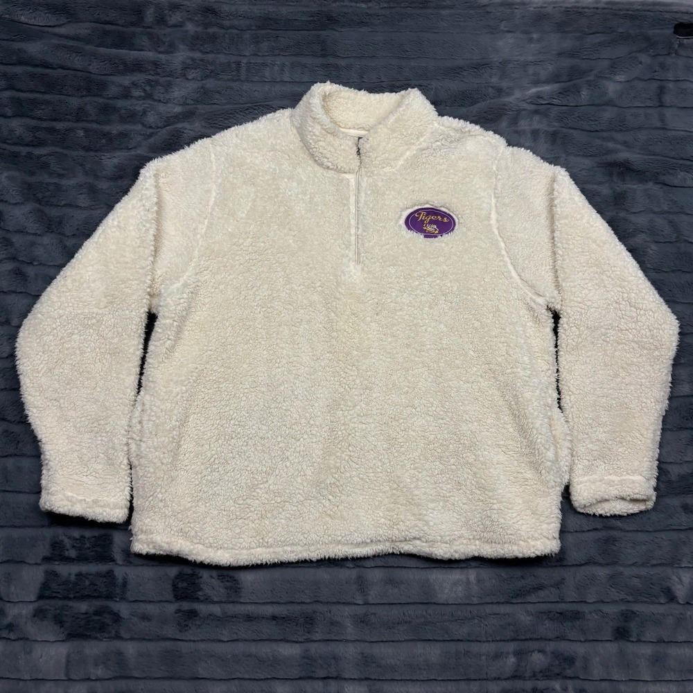 Knights Apparel LSU Tigers Sherpa Fleece Quarter Zip Pullover Cream Womens Large